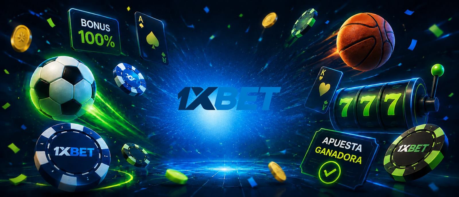 Collage de elementos de casino y apuestas deportivas de 1xBet: balón, fichas, cartas y máquina tragamonedas