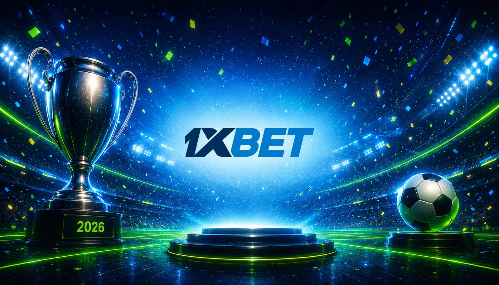 Copa de trofeo con el año 2026 y el logotipo de 1xBet de fondo, ambientación de bono de bienvenida